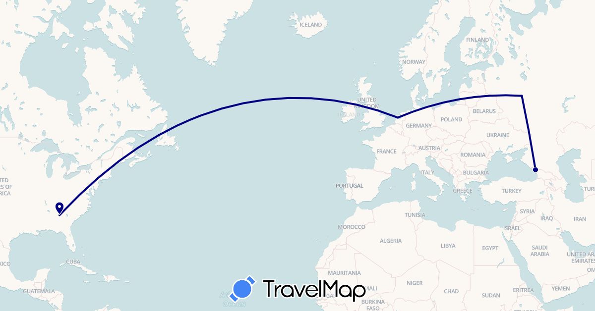 TravelMap itinerary: driving in Georgia, Netherlands, Russia, United States (Asia, Europe, North America)